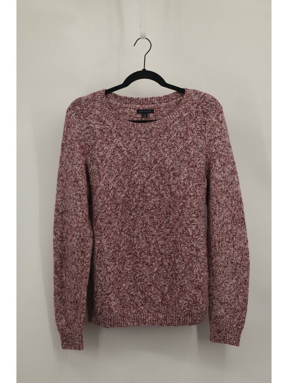 Tommy Hilfiger Womens Marl Red White Cable Knit Sweater Crew Neck Pullover Large